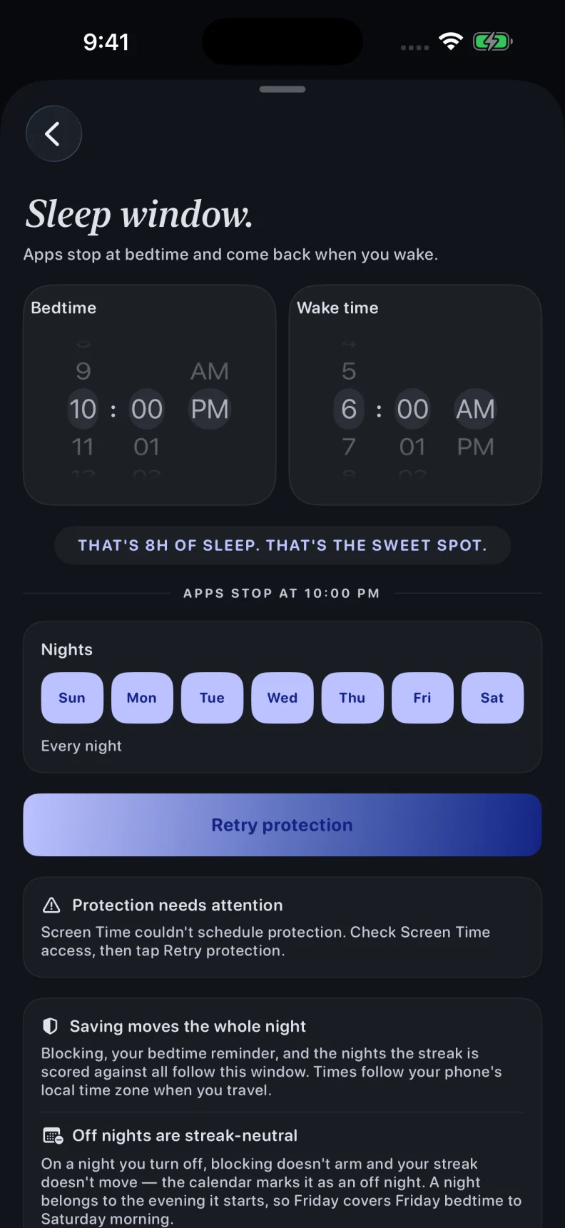 Current Sleep Schedule screen detail with bedtime, wake time, and active night controls